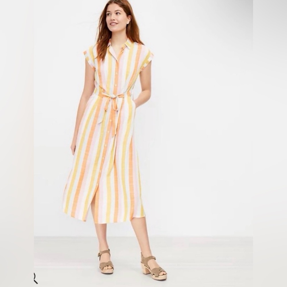 LOFT Striped Button Front Midi Shirt Dress Size 2 Pink Orange Yellow Pockets